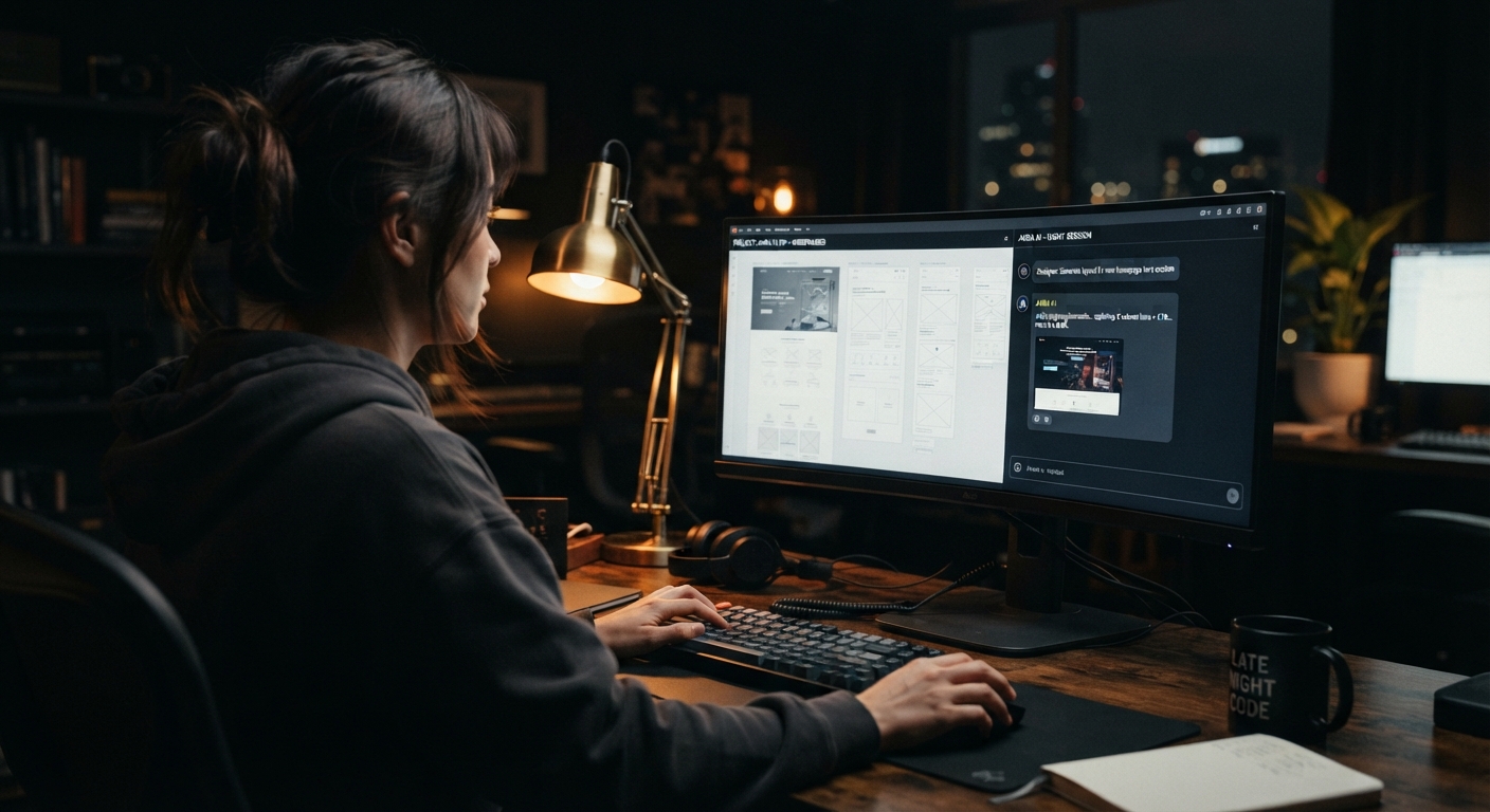 Designer travaillant avec un assistant IA sur un grand écran